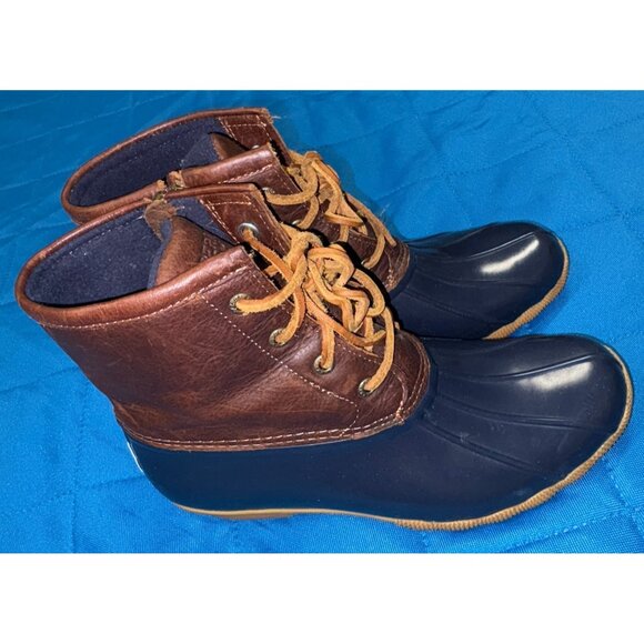 Sperry Saltwater Duck Boots Women's Size 9M Brown Leather Navy Rubber Rain - Picture 3 of 12